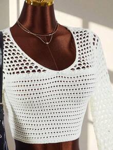 Amplova Bộ đồ 2 mảnh thời trang nữ gợi cảm, màu trơn, khoét lỗ, tay loe, phối cùng áo len siêu ngắn và quần short dệt kim có tua rua, thích hợp cho mùa thu/đông. - Màu be - Xem 5