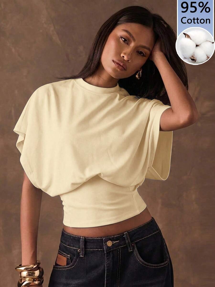 SHEIN BAE 95%纯棉短袖T恤,杏色,适合夏季穿着 - 彩色 - 查看 1