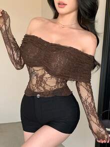 DAZY 女士印花网纱拼接露肩吊带背心，系带抽绳设计，适合夏季、秋季、春季、派对、婚礼等场合穿着。 - 棕色 - 查看 3