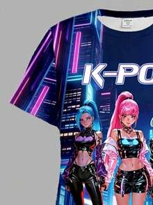 时尚卡通女孩印花，韩流卡通女孩，少女休闲简约短袖中长连衣裙，适合日常穿着、街头风、外出、度假、返校、春夏等场合。 - 彩色 - 查看 7