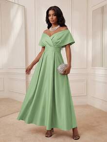 Savoree Women's Elegant Off-Shoulder Long Dress, Solid Color, Suitable For Party - Green - View 4