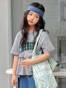 DAZY Áo thun cổ tròn in chữ, thiết kế chắp vá, dành cho bé gái tuổi teen, mùa hè. - Xám - Xem 5