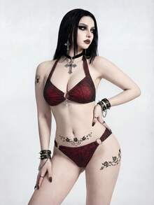 ROMWE Women's Gothic Goth Style Spider Web Mesh Backless Tie-Front Split Bikini Set, Summer Pool Party Dark Green - Red - View 4