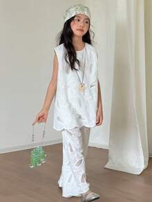 DAZY Textured Sleeveless Shirt Set For Tween Girls - White - View 1