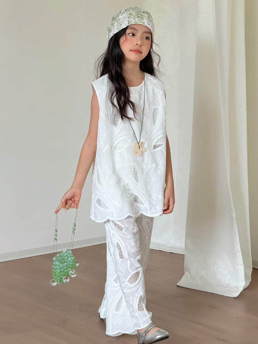 DAZY Textured Sleeveless Shirt Set For Tween Girls - White - View 1