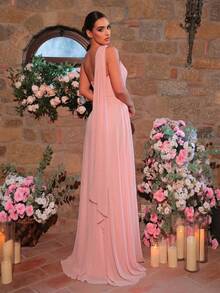 Glamrae Gaun A-Line Asimetris Satu Bahu Berbahan Chiffon Minimalis Elegan dengan Dekorasi Lipit, Cocok untuk Gaun Malam, Acara Formal Bisnis, dan Gaun Tamu. - Coral Pink - View 2