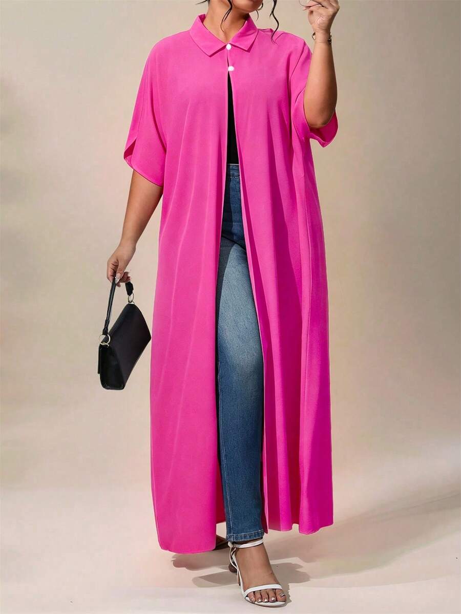EMERY ROSE Fashionable Casual Solid Color Long Blouse For Plus Size Women - Hot Pink - View 1