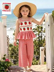 Elladie kids Bộ đồ thường ngày thời trang mới cho bé gái, áo tank top không tay phối cùng quần dài dệt kim kẻ caro, chất liệu mềm mại, dễ thương kiểu Hàn Quốc, thoải mái cho mặc hàng ngày, đi học, đi nghỉ mát, dự tiệc mùa xuân/hè. - Hồng - Xem 7