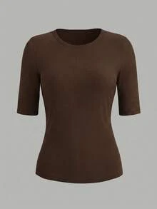 EMERY ROSE Women's Solid Color Round Neck Short Sleeve Fitted Ribbed Casual T-Shirt - Brown - View 3