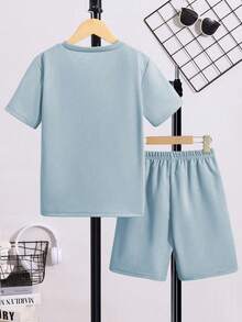 SHEIN Mirajuku Tween Boy Solid Color Round Neck Short Sleeve Loose Casual Summer 2 Pieces Set - Blue - View 2