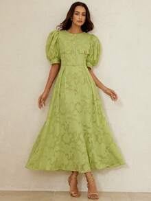 BELROSIE Elegant Tea Party Golf Floral Chiffon Maxi Dress, Round Neck Front Button Decor Faux Pocket Puff Sleeve Flared Dress For Party, Commute - Green - View 1