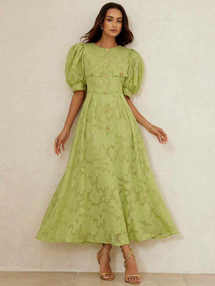 BELROSIE Elegant Tea Party Golf Floral Chiffon Maxi Dress, Round Neck Front Button Decor Faux Pocket Puff Sleeve Flared Dress For Party, Commute - Green - View 1