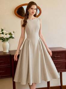 age beige claro para mujer con bolsillos, espalda descubierta y lazo, atuendo de verano para fiesta de té, invitada de boda, graduación, baile de graduación, vacaciones y concierto campestre - Albaricoque - Ver 5