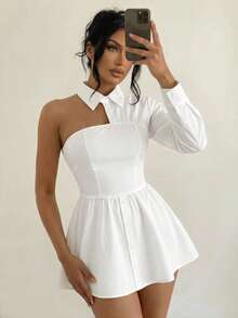 Swim SXY Solid Color Ruched Shoulder Fitted Ruffle Hem Dress - Brown - View 8