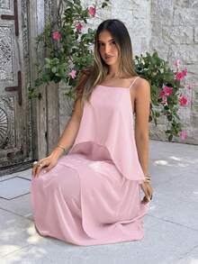 Aloruh Vestido de vacaciones elegante de unicolor con tirantes finos de color azul - Rosa Pálido - Ver 7