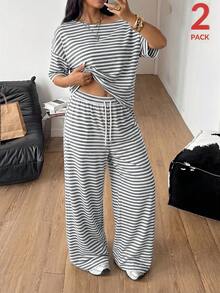 Coolane Bộ đồ thể thao mùa hè dành cho nữ cỡ lớn, kiểu dáng cơ bản, thoải mái, thích hợp mặc hàng ngày, đi chơi, thể thao, gồm áo thun trễ vai kẻ sọc và quần ống rộng. - Màu xám đen - Xem 3