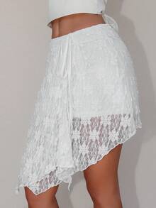 Glamine Women's Elegant Elegant Cotton Lace Asymmetrical Hem Bow Tie Skirt Holiday Day Tea Party White Summer - White - View 1
