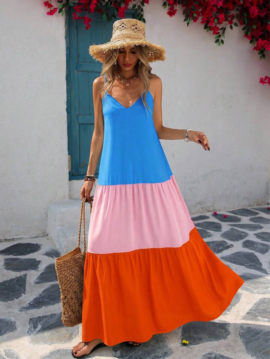 Vivid Eden Woven Contrast Color Spaghetti Strap Dress, Blue And Pink, Summer, Boho Tropical, Holiday, Vacation, Beach Outfits For Woman, Elegant Tropical - Multicolor - View 1