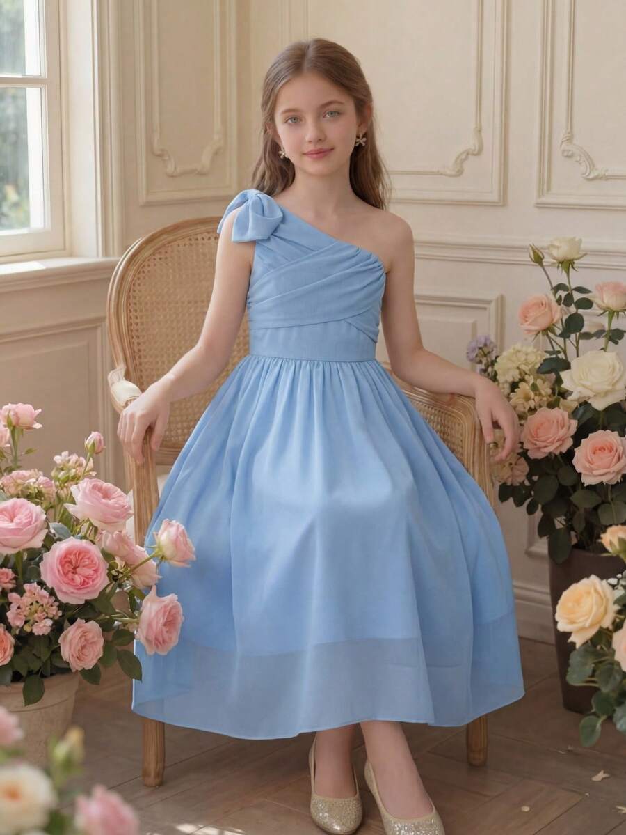 Pitira Tween Girls Elegant Luxury Cute Square Neck Chiffon Party Dress, Suitable For Attending Balls, Weddings, Parties And Events Girl Dress For Party Elegant Dresses For Girls Farewell Dresses For Kids Grade 7 Tween Formal Dress Dresses For Teenagers Girls Blue Dresses Girls Formal Dresses Girls One Shoulder Dresses Junior Bridesmaid Dress Cocktail Dress For Kids - Blue - View 1