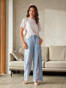 Selenza Women's Pearl Embellished, Sequin, Sheer Denim Jeans - Blue - View 4