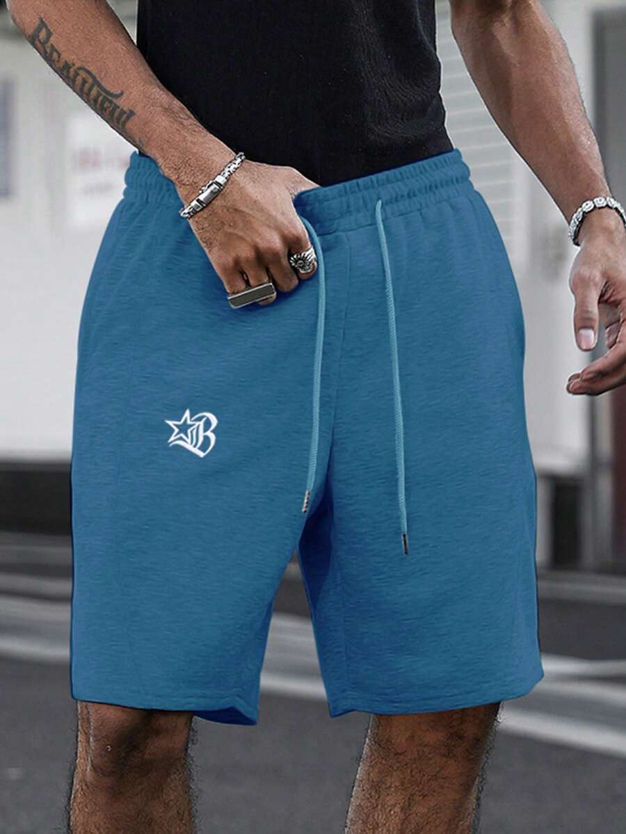 Manfinity Roghcode Men's Minimalist Embroidered Pattern Casual Knit Shorts, Loose Straight Leg High Street Patchwork Sports Pants Wide Leg - Dusty Blue - View 1