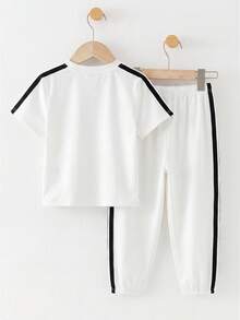 SHEIN 2pcs/Set Kids Tween Boys White Summer Career Day Back-To-School Clothes,Short Sleeve Round Neck Graphic T Shirt And Jogger Pants Knit Outfit Sets - White - View 3