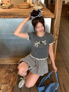 DAZY Women's Cartoon Print Bow Ruffle Trim Round Neck Short Sleeve T-Shirt, Summer Graphic Tee - Grey - View 4