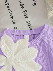 SHEIN Young Girl Solid Color Round Neck 3D Floral Casual Cute T-Shirt Party White Summer - Mauve Purple - View 7