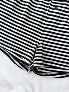 SHEIN 少女蕾丝边针织条纹吊带背心和超短裤套装，休闲家居/清新少女/美式风格，春夏款 - 黑與白 - 查看 6