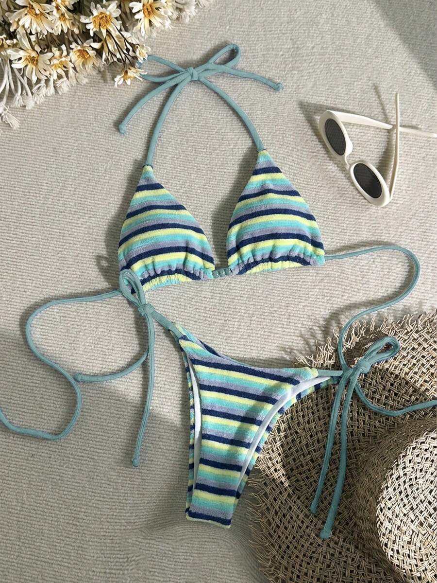 Swim Mod 26SS 夏季海滩度假浅蓝色条纹串珠可爱条纹比基尼两件套 - 彩色 - 查看 1