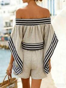 EMERY ROSE Conjunto informal de 2 piezas para mujer, blusa asimétrica de hombros descubiertos con mangas cortas a rayas y shorts de cintura elástica, adecuado para la playa, primavera/verano y uso diario - Multicolor - Ver 2