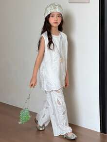 DAZY Textured Sleeveless Shirt Set For Tween Girls - White - View 8