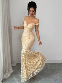 SHEIN PETITE Vestido elegante de mujer con malla y lentejuelas, hombros descubiertos, corte sirena ajustado, para mujeres de talla pequeña - Albaricoque - Ver 4