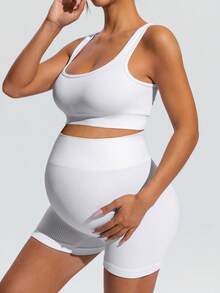 SHEIN Maternity Solid Color Cropped Tank Top And Sports Shorts Set,Word Cup - White - View 4