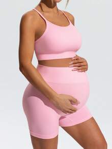 SHEIN Maternity Casual Solid Color Tight Camisole And Shorts Set, Summer - Pink - View 6