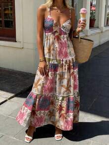 SHEIN LUNE Robe d'été décontractée et d'été pour vacances, imprimé tout-sur-tout, style dos nu et col montant - Multicolore - Voir 5