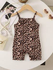SHEIN Baby Girl Knitted Leopard Print & Floral Romper - Multicolor - View 2
