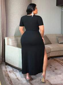 SHEIN CURVE+ 大码女士性感弹力罗纹针织连衣裙，正面镂空设计，金属孔眼装饰，侧开衩 - 黑色 - 查看 7