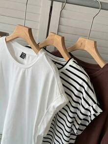 SHEIN LUNE Bộ 3 món áo thun ngắn tay cổ tròn vai rớt dáng dài in họa tiết da báo màu nâu trắng tối giản dành cho nữ, thích hợp cho mùa xuân và mùa hè. - Nhiều màu - Xem 4