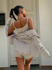 Muchica Brown Striped Knit Women's Camisole Top & Shorts & Jacket 3-Piece Set - Brown - View 3