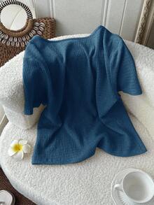 SHEIN LUNE 女士纯色V领系带短袖纹理面料夏季上衣商务休闲女式针织罩衫最新款女式上衣新款女式衬衫新款优雅针织衫 - 水鴨藍 - 查看 2