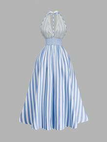 Qadelle Women's Fine-Woven Elegant Striped Summer Long Dress - Blue and White - View 2