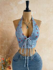 Soleia Women's Casual Cherry Print Halter Neck Backless Top, Versatile For Daily Wear - Multicolor - View 3