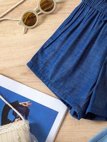 SHEIN 2pcs/Set Girls Casual Solid Color Bow Decor Shorts,Summer Young 2-Piece Set Light And Dark Blue Elastic Waist Ruffled Waistband For - Multicolor - View 4