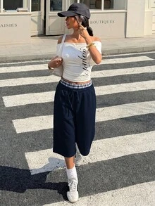 Muchica 女士针织休闲百慕大短裤，春夏款 - 藏蓝色 - 查看 3
