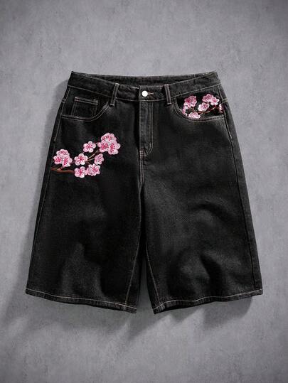 Manfinity Denimwave Vintage Versatile Niche Design Floral Embroidery Loose Wide Leg Casual Denim Shorts, Suitable For Summer