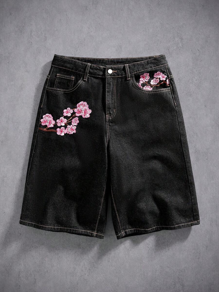 Manfinity Denimwave Vintage Versatile Niche Design Floral Embroidery Loose Wide Leg Casual Denim Shorts, Suitable For Summer - Black - View 1