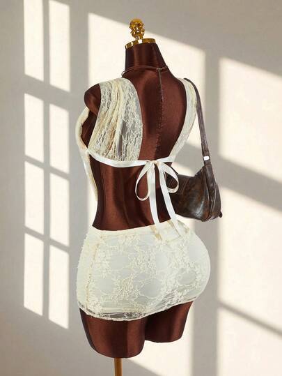 Amplova Women Lace Patchwork Metal Decor Top And Skorts Casual 2-Piece Set