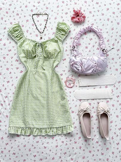 Elamini Đầm ngắn ôm dáng mùa hè dành cho nữ, chất liệu cotton, màu xanh lá cây trơn, kẻ caro, tay phồng.
