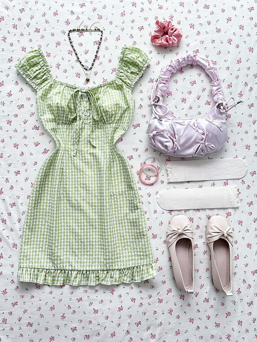 Elamini Đầm ngắn ôm dáng mùa hè dành cho nữ, chất liệu cotton, màu xanh lá cây trơn, kẻ caro, tay phồng. - màu xanh lá - Xem 1